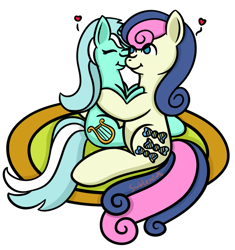 Size: 1080x1150 | Tagged: safe, artist:subleni, bon bon, lyra heartstrings, sweetie drops, earth pony, unicorn, cuddling, female, heart, lesbian, lyrabon, shipping, simple background, white background