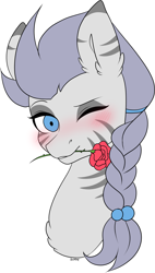 Size: 2521x4454 | Tagged: safe, artist:torihime, oc, oc only, oc:zerstörer, oc:zulu, hippogriff, original species, zebra, blushing, braid, braided ponytail, bust, cute, male, no source available, one eye closed, rose, simple background, solo, white background, wink, winking at you, zebragriff, zerb