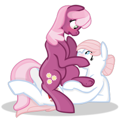Size: 3000x3000 | Tagged: safe, artist:grapefruitface1, cheerilee, nurse redheart, earth pony, pony, base used, blushing, female, hoof on face, lesbian, looking at each other, pink mane, pink tail, shipping, shocked, simple background, sitting on, sitting on pony, transparent background, two toned mane, two toned tail, underhoof, white coat