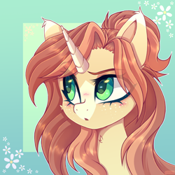 Size: 2100x2100 | Tagged: safe, artist:_spacemonkeyz_, derpibooru import, oc, oc only, oc:autumn sprout, pony, unicorn, abstract background, blushing, bust, eyelashes, horn, solo, unicorn oc