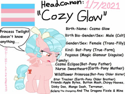 Size: 1024x771 | Tagged: safe, artist:elzathehedgehog, derpibooru import, cozy glow, bat pony, pony, bat ponified, female, filly, gender headcanon, headcanon, pride, pride flag, race swap, reference sheet, sexism, simple background, solo, stereotype, trans female, transgender, transgender pride flag, transphobia, white background