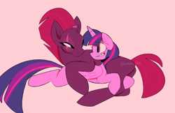 Size: 2820x1829 | Tagged: safe, artist:lipton_pee, derpibooru import, fizzlepop berrytwist, tempest shadow, twilight sparkle, twilight sparkle (alicorn), alicorn, pony, unicorn, broken horn, butt, duo, eye scar, female, horn, leg grab, lesbian, looking at each other, mare, pink background, plot, scar, shipping, simple background, tempestlight