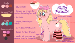 Size: 2350x1375 | Tagged: safe, artist:icecreamjaxxie, derpibooru import, oc, oc only, oc:mille feuille, pony, unicorn, :p, autism, back freckles, butt freckles, chubby, clothes, cutie mark, food, freckles, glasses, hat, ice cream, reference sheet, smiling, socks, solo, striped socks, tongue out