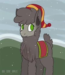 Size: 1600x1850 | Tagged: safe, artist:buy_some_apples, derpibooru import, oc, oc only, alpaca, happy, hat, no pupils, smiling, snow, snowfall