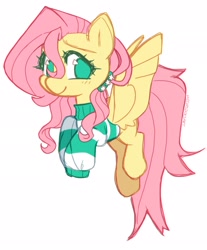 Size: 1698x2048 | Tagged: safe, artist:hiccupsdoesart, fluttershy, pegasus, pony, alternate design, clothing, flying, hairpin, simple background, solo, spread wings, sweater, white background, wings