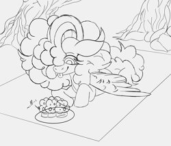 Size: 3500x3000 | Tagged: safe, artist:the-narrator, derpibooru import, oc, oc:filly fête, pegasus, pony, blanket, cute, food, forest, lineart, looking down, lying down, monochrome, muffin, outdoors, picnic, poofy mane, prone, redesign, simple background, solo, tongue out, tree, white background