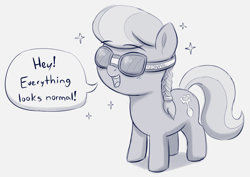 Size: 1676x1186 | Tagged: safe, artist:heretichesh, derpibooru import, silver spoon, earth pony, pony, dialogue, drawthread, female, filly, goggles, happy, monochrome, open mouth, solo, sparkles, spoon, text