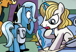 Size: 812x555 | Tagged: safe, derpibooru import, edit, idw, prince blueblood, trixie, spoiler:comic40, spoiler:comicdeviations, bag, bluetrix, colt, cropped, female, magic, male, parchment, quill, saddle bag, shipping, shipping domino, straight, young prince blueblood, young trixie, younger