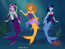 Size: 820x620 | Tagged: safe, artist:azaleasdolls, artist:whirlpool24, derpibooru import, adagio dazzle, aria blaze, sonata dusk, human, mermaid, equestria girls, bracelet, clothes, crossover, disney, disney style, fins, headband, jewelry, mermaid maker, mermaid tail, mermaidized, necklace, pendant, species swap, the dazzlings, the little mermaid