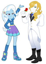 Size: 911x1274 | Tagged: safe, artist:limedazzle, derpibooru import, edit, prince blueblood, trixie, equestria girls, equestria girls series, absurd resolution, bluetrix, clothes, cutie mark, cutie mark on clothes, equestria girls-ified, female, flower, hair over one eye, handsome, inkscape, male, pants, rose, shipping, shoes, show accurate, simple background, skirt, smiling, straight, transparent background, vector