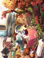 Size: 3076x4096 | Tagged: safe, artist:saxopi, derpibooru import, derpy hooves, pegasus, pony, car, chest fluff, clothes, eye clipping through hair, hat, mailmare uniform, mouth hold, shirt, smiling, solo, tree