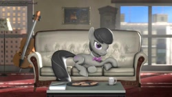 Size: 1280x720 | Tagged: safe, artist:xvclumsybusponevx, derpibooru import, octavia melody, earth pony, pony, 3d, cello, coffee mug, cookie, food, lying down, mug, musical instrument, prone, sofa, solo