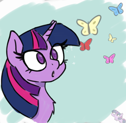 Size: 1440x1404 | Tagged: safe, artist:endo, derpibooru import, twilight sparkle, butterfly, pony, unicorn, bust, chest fluff, colored pupils, looking at something, sketch, solo