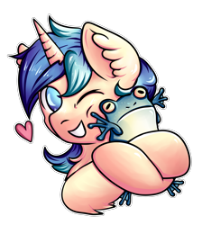 Size: 2009x2240 | Tagged: safe, artist:coco-drillo, derpibooru import, oc, oc only, oc:dex, frog, pony, unicorn, bust, chest fluff, cuddling, ear fluff, ears, happy, heart, hooves, hug, one eye closed, pet, petting, simple background, smiling, solo, transparent background, wink