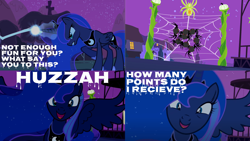 Size: 2000x1125 | Tagged: safe, derpibooru import, edit, edited screencap, editor:quoterific, screencap, princess luna, alicorn, pony, spider, luna eclipsed, angry, glowing horn, gritted teeth, horn, huzzah, laser, magic, magic aura, open mouth