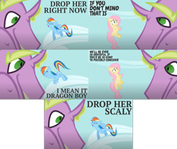 Size: 1165x983 | Tagged: safe, derpibooru import, edit, edited screencap, editor:quoterific, screencap, fluttershy, rainbow dash, spike, dragon, pegasus, pony, secret of my excess, begging, eyes closed, female, flying, male, open mouth