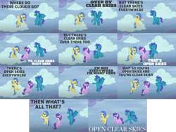 Size: 1734x1301 | Tagged: safe, derpibooru import, edit, edited screencap, editor:quoterific, screencap, clear skies, open skies, rainbow dash, sunshower, pegasus, pony, tanks for the memories, flying, open mouth