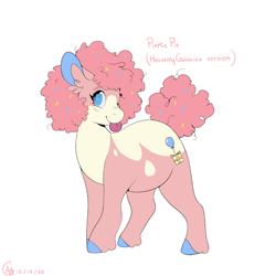 Size: 2000x2000 | Tagged: safe, artist:heavenlygalaxies, derpibooru import, pinkie pie, earth pony, pony, alternate design, coat markings, colored hooves, confetti, ear fluff, ears, female, mare, redesign, simple background, solo, tongue out, white background