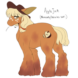 Size: 2000x2000 | Tagged: safe, artist:heavenlygalaxies, derpibooru import, applejack, earth pony, pony, alternate design, cowboy hat, female, fluffy, freckles, hat, mare, redesign, simple background, solo, straw in mouth, white background