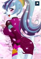 Size: 848x1200 | Tagged: safe, artist:uotapo, derpibooru import, sonata dusk, equestria girls, adorasexy, ass, blushing, breasts, butt, cherry blossoms, clothes, cute, dress, erect nipples, eyelashes, female, flower, flower blossom, food, hair over one eye, lips, looking at you, looking back, minidress, nipple outline, open mouth, patreon, patreon logo, ponytail, rear view, sexy, solo, sonata bust, sonata donk, sonatabetes, stupid sexy sonata dusk, taco, taco dress