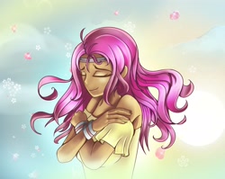 Size: 4096x3260 | Tagged: safe, artist:melanyschaffer, derpibooru import, fluttershy, human, hurricane fluttershy, eyes closed, humanized, scene interpretation, solo, windswept hair