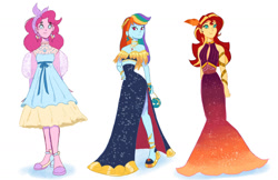 Size: 1280x829 | Tagged: safe, artist:pettypop, derpibooru import, pinkie pie, rainbow dash, sunset shimmer, equestria girls, accessories, boob window, clothes, dress, elegant, female, high heels, midriff, shoes, shoulderless, side slit, simple background, trio, trio female, white background