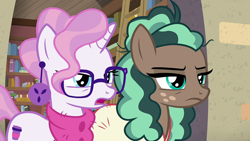 Size: 1920x1080 | Tagged: safe, derpibooru import, screencap, minty mocha, raspberry latte, earth pony, pony, unicorn, the parent map, clothes, duo, female, glasses, mare, scarf