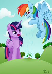 Size: 2480x3507 | Tagged: safe, artist:twidasher, derpibooru import, rainbow dash, twilight sparkle, twilight sparkle (alicorn), alicorn, pegasus, pony, cloud, female, happy, rain, sapling, scenery, signature, smiling, tree