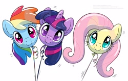 Size: 3000x1909 | Tagged: safe, artist:makishi_ookami, derpibooru import, fluttershy, rainbow dash, twilight sparkle, pegasus, pony, balloon, cute, smiling