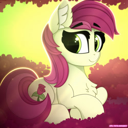 Size: 1920x1920 | Tagged: safe, artist:alexbefest, derpibooru import, roseluck, earth pony, pony, flower, forest, green background, green eyes, pink, rose, simple background, solo