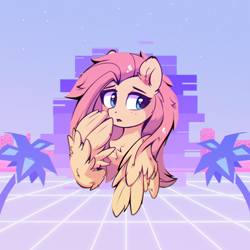 Size: 2000x2000 | Tagged: safe, artist:aureai, derpibooru import, fluttershy, pegasus, pony, abstract background, blushing, bust, chest fluff, chromatic aberration, covering mouth, cute, ear fluff, ears, female, grid, looking away, looking back, looking sideways, mare, open mouth, palm tree, portrait, shyabetes, solo, synthwave, three quarter view, tree, vaporwave, wing fluff, wings