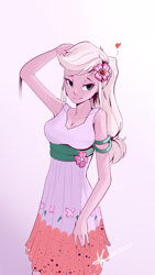 Size: 1080x1920 | Tagged: safe, artist:naafreelanceartist, derpibooru import, applejack, equestria girls, equestria girls series, spring breakdown, spoiler:eqg series (season 2), adorasexy, beautiful, breasts, cleavage, clothes, cute, cutie mark, cutie mark on clothes, dress, female, floating heart, flower, flower in hair, freckles, hairpin, hatless, heart, jackabetes, leaning on wall, missing accessory, sexy, simple background, solo, white background