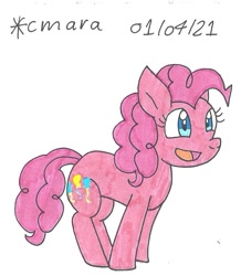 Size: 788x905 | Tagged: safe, artist:cmara, derpibooru import, pinkie pie, earth pony, pony, female, mare, open mouth, simple background, solo, traditional art, white background