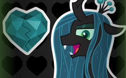 Size: 1600x1000 | Tagged: safe, artist:amgiwolf, derpibooru import, queen chrysalis, changeling, changeling queen, bust, crystal heart, fangs, female, heart, laughing, open mouth, solo