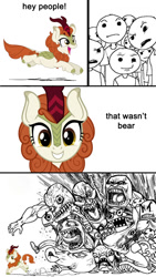 Size: 700x1239 | Tagged: safe, derpibooru import, autumn blaze, human, kirin, angry, dialogue, exploitable meme, implied urine, kirin beer, looking at you, meme, misspelling, rage, rage face, running, simple background, smiling, white background