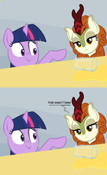 Size: 400x654 | Tagged: safe, derpibooru import, autumn blaze, twilight sparkle, kirin, pony, unicorn, alcohol, beer, dialogue, everything is ruined, exploitable meme, glass, implied urine, kirin beer, meme, nervous, nervous sweat, pure unfiltered evil, smiling, spill, spilled drink, sweat, the tables have turned