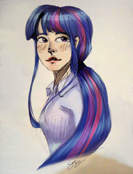 Size: 960x1255 | Tagged: safe, artist:elisdoominika, derpibooru import, twilight sparkle, human, bust, clothes, looking to side, looking to the right, ponytail, portrait, shirt, sketch, smiling, solo