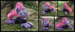 Size: 4057x1754 | Tagged: safe, artist:peruserofpieces, derpibooru import, tempest shadow, unicorn, beanie (plushie), broken horn, clothes, female, grease (musical), horn, irl, looking at you, lying down, mare, olivia newton-john, photo, plushie, prone, scar, smiling, smiling at you, solo, spandex, sploot, tree