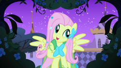 Size: 1920x1080 | Tagged: safe, derpibooru import, screencap, fluttershy, pegasus, pony, the best night ever, clothes, cute, dress, female, gala dress, mare, open mouth, shyabetes, solo