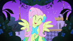 Size: 1920x1080 | Tagged: safe, derpibooru import, screencap, fluttershy, pegasus, pony, the best night ever, clothes, cute, dress, eyes closed, female, gala dress, happy, mare, open mouth, shyabetes, solo