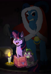 Size: 6951x10000 | Tagged: safe, artist:faitheverlasting, derpibooru import, grogar, spike, twilight sparkle, unicorn twilight, dragon, pony, sheep, unicorn, absurd resolution, antagonist, baby, baby spike, beard, black sclera, book, candle, christmas, cloak, clothes, cloven hooves, collar, diaper, evil, eyebrows, facial hair, fangs, female, filly, filly twilight sparkle, glowing eyes, hearth's warming, holiday, horns, krampus, magic, magic aura, male, open mouth, ram, red eyes, scared, smiling, that pony sure does love books, younger