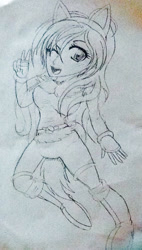 Size: 499x876 | Tagged: safe, artist:juliet-gwolf18, derpibooru import, oc, oc only, oc:juliet, human, boots, clothes, fake ears, fake tail, female, humanized, one eye closed, open mouth, peace sign, shoes, smiling, solo, traditional art, wink