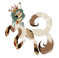 Size: 2680x2636 | Tagged: safe, artist:minelvi, derpibooru import, oc, oc only, earth pony, pony, crown, earth pony oc, face mask, hoof shoes, jewelry, mask, multiple tails, rearing, regalia, simple background, solo, transparent background