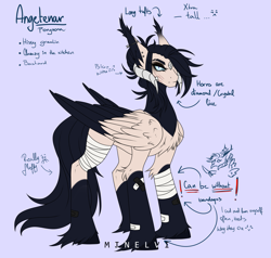 Size: 2553x2427 | Tagged: safe, artist:minelvi, derpibooru import, oc, oc only, demon, demon pony, pony, bandage, bandaid, bust, chest fluff, duo, ear fluff, ears, eyelashes, female, hoof fluff, hoof hold, horns, knife, makeup, reference sheet, simple background, smiling, two toned wings, wings