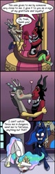Size: 423x1315 | Tagged: artist needed, source needed, safe, derpibooru import, discord, lord tirek, princess celestia, princess luna, alicorn, centaur, draconequus, pony, comic, covering eyes, crown, dialogue, embarrassed, face down ass up, female, gay, heart, horn, jewelry, kissing, male, mare, necklace, nose ring, open mouth, raised hoof, regalia, royal sisters, scorpan's necklace, shipping, siblings, sisters, smiling, speech bubble, tirekcord, wings