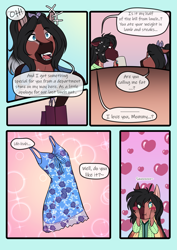 Size: 3969x5613 | Tagged: safe, artist:blackblood-queen, oc, oc only, oc:daniel dasher, oc:lady lovegreen, anthro, dracony, dragon, hybrid, pegasus, pony, unguligrade anthro, comic:be there, anthro oc, blushing, clothes, coffee mug, comic, digital art, dress, ears, excited, fangs, female, floppy ears, heart, male, mare, mother and child, mother and son, mug, open mouth, parent and child, pegasus oc, shopping bag, slit eyes, smiling, stallion, wings