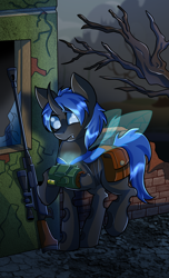 Size: 1700x2800 | Tagged: safe, artist:elmutanto, oc, oc:swift dawn, changeling, pony, fallout equestria, alternate universe, bag, blue changeling, blue eyes, building, changeling oc, clothes, commission, confused, detailed background, fangs, frown, gun, high res, horn, male, pipbuck, rifle, ruins, saddle bag, sniper, sniper rifle, solo, spread wings, tree, wasteland, weapon, wings