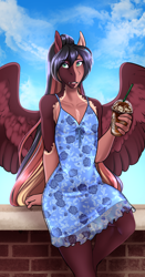 Size: 2060x3945 | Tagged: safe, artist:blackblood-queen, oc, oc only, oc:daniel dasher, anthro, dracony, dragon, hybrid, pegasus, pony, unguligrade anthro, anthro oc, blue dress, clothes, cloud, crossdressing, digital art, dress, drink, eyeshadow, fangs, female, makeup, male, open mouth, pegasus oc, sitting, sky, slit eyes, smiling, solo, stallion, wings