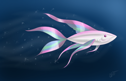 Size: 2016x1296 | Tagged: safe, artist:8bitsofmagic, princess celestia, fish, fishified, maybe salmon, not salmon, signature, solo, sparkles, species swap, tuna, underwater, wat