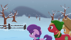 Size: 1920x1080 | Tagged: safe, artist:yudhaikeledai, applejack, big macintosh, sugar belle, earth pony, pony, unicorn, clothes, cowboy hat, dark, dead tree, female, fence, frostpony, frostpunk, hat, husband and wife, i can't believe it's not hasbro studios, ice, icicle, male, mare, ponified, post-apocalyptic, sad, sadness, scarf, siblings, snow, snowfall, stallion, sweet apple acres, toque, tree, winter clothes, youtube link